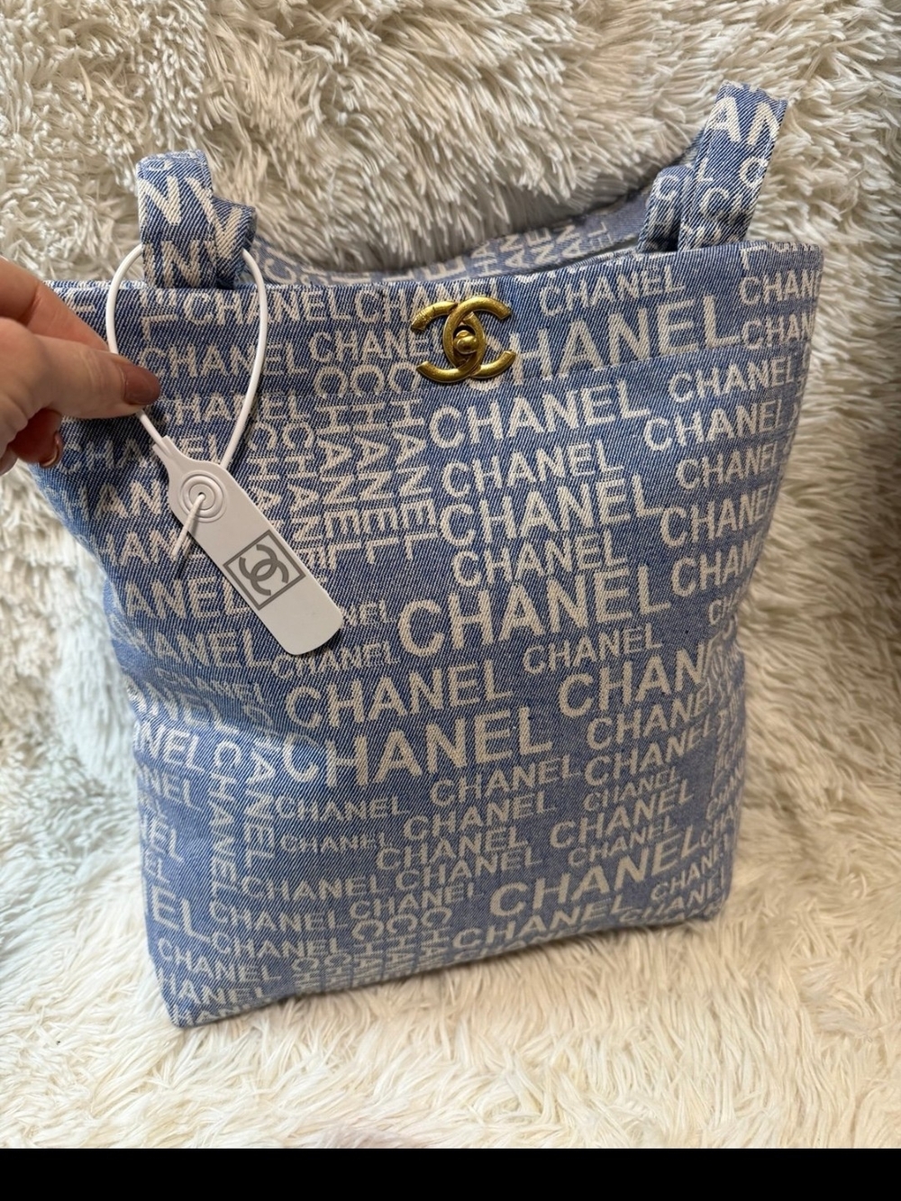 VIP Precision Beauté Novelty Blue Denim Script Tote Bag